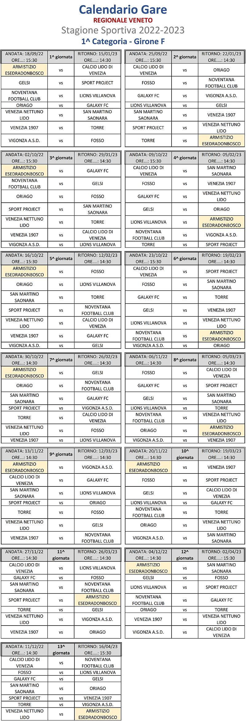 Calendario Stagione Sportiva 2022-2023 Gare Regione Veneto 1^ Categoria - Girone F Calcio Armistizio Esedra Don Bosco Padova